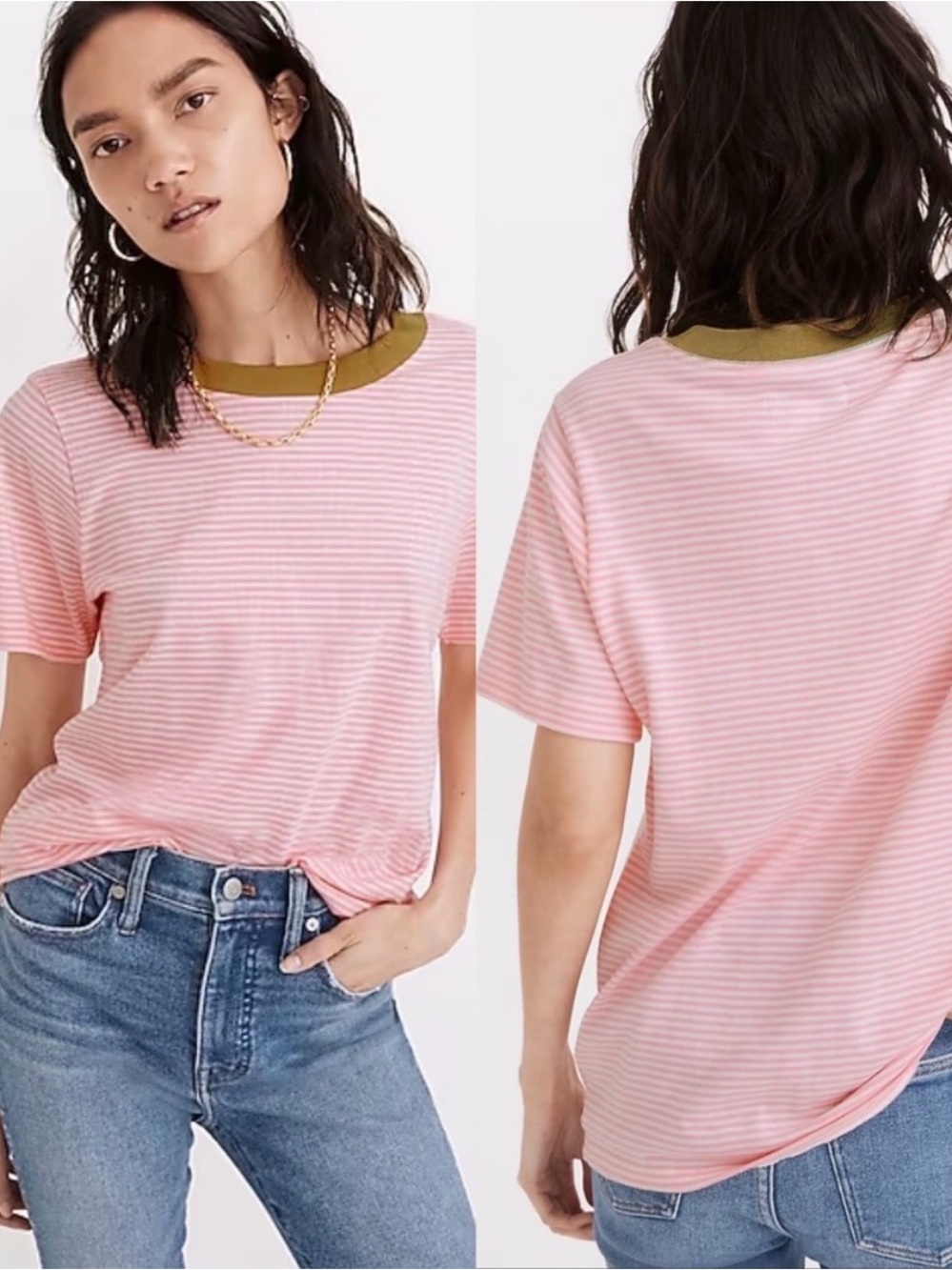 Madewell Pink Striped Ringer Tee with Olive Neck 100% Cotton